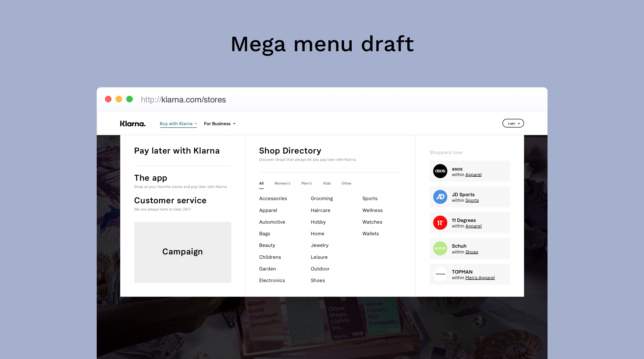 Klarna mega menu design draft