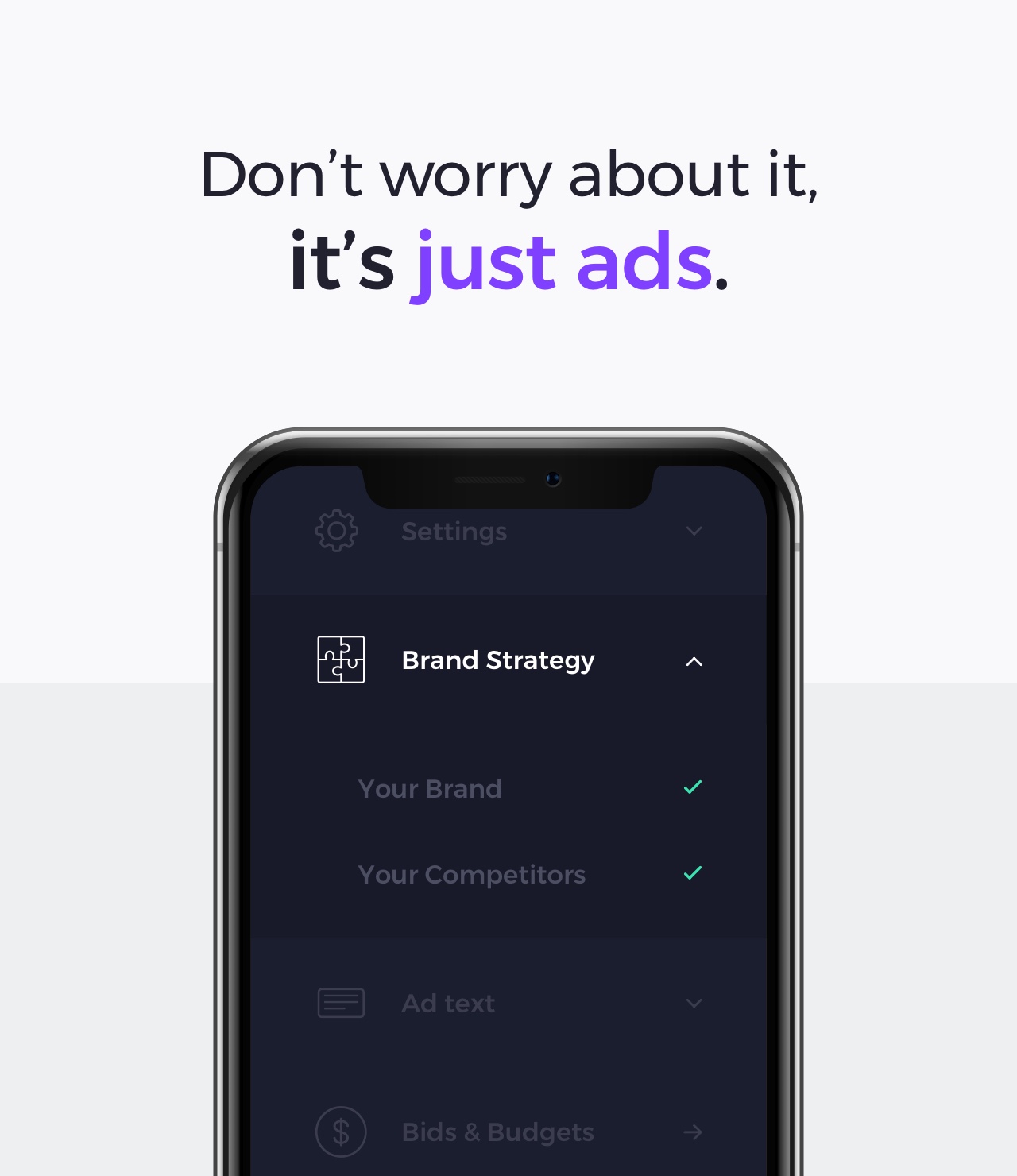 JustAds main setup menu design