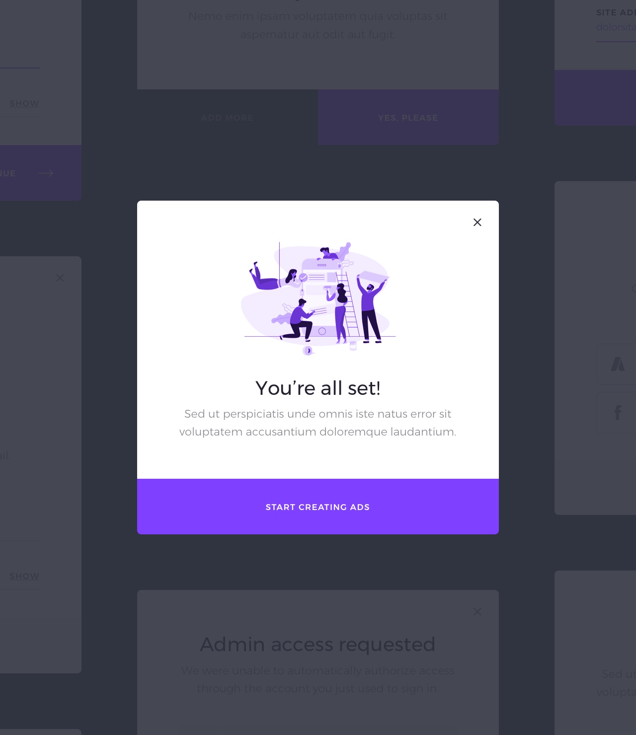 JustAds signup process wireframes